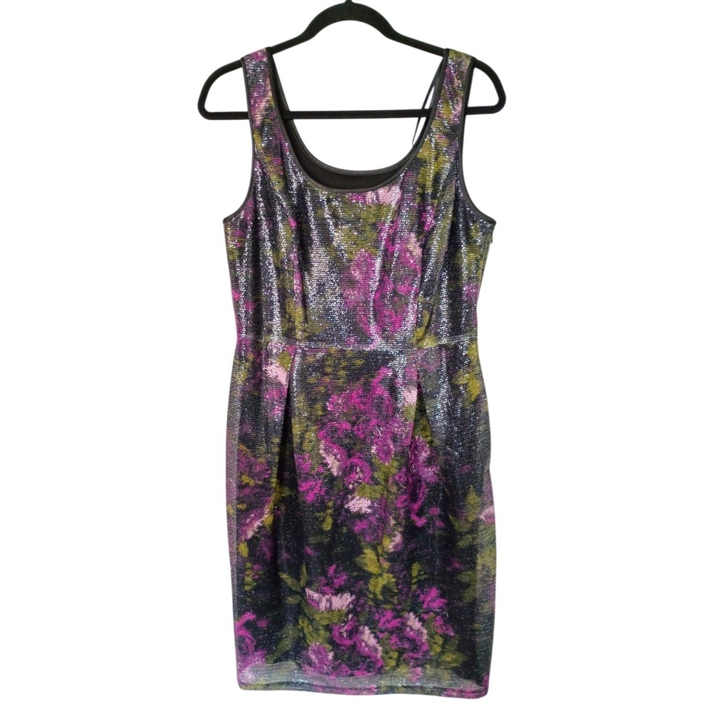 Donna Ricco New York Womens Purple Green Floral Sequin Scoop Neck Sheath Dress L